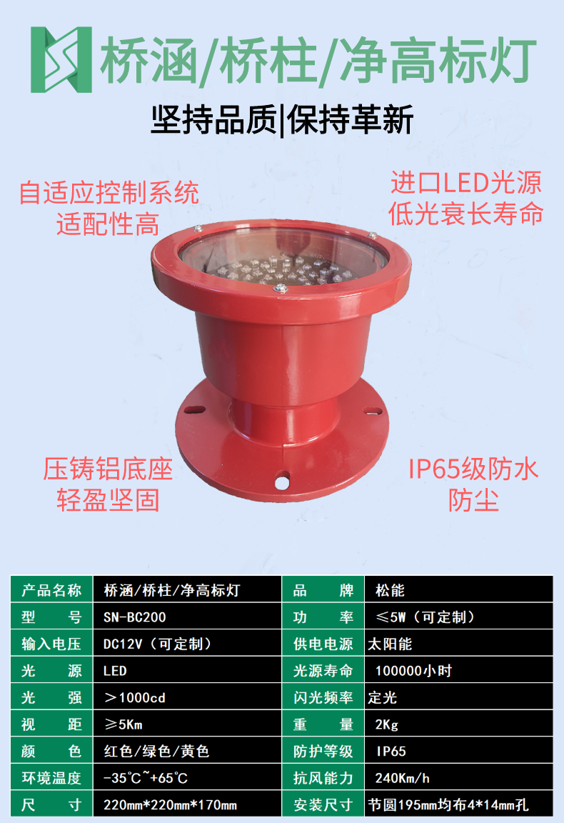 松能sn-bc200桥柱灯桥涵灯太阳能系统供电净高标灯航标灯